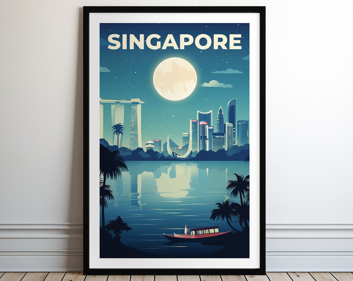 Singapore Night Moonlit Skyline Vintage Travel Poster City Art