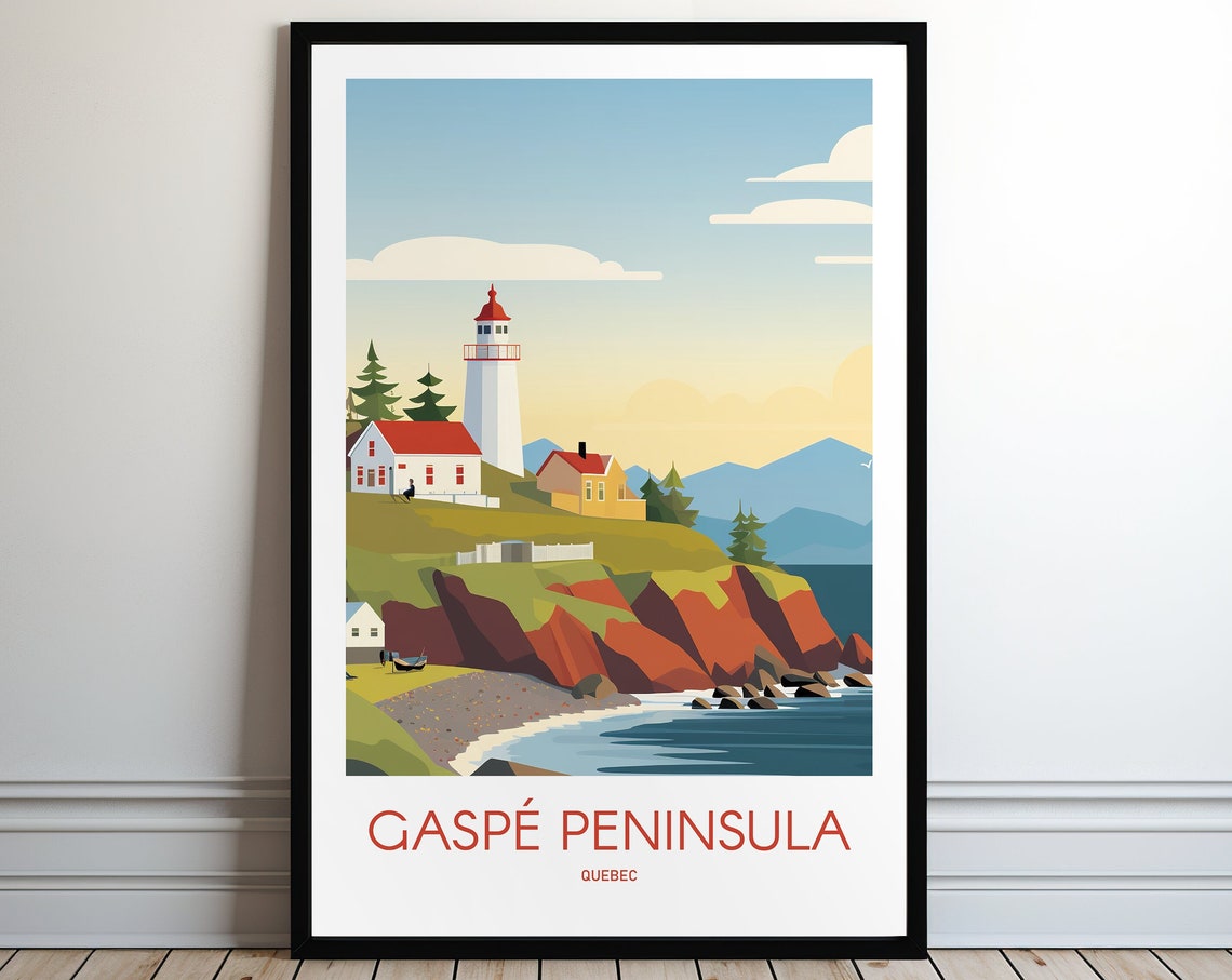 Gaspe Peninsula Quebec Lighthouse Cliffs Coastal Scene Travel Poster