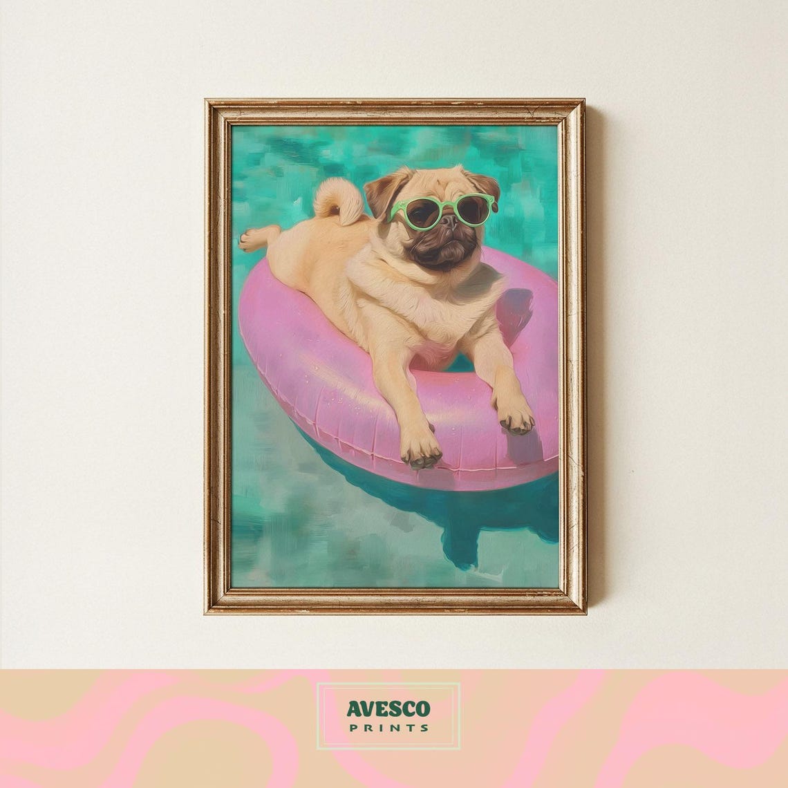 Pug Dog in Sunglasses Pink Pool Float Summer Funny Dog Poster