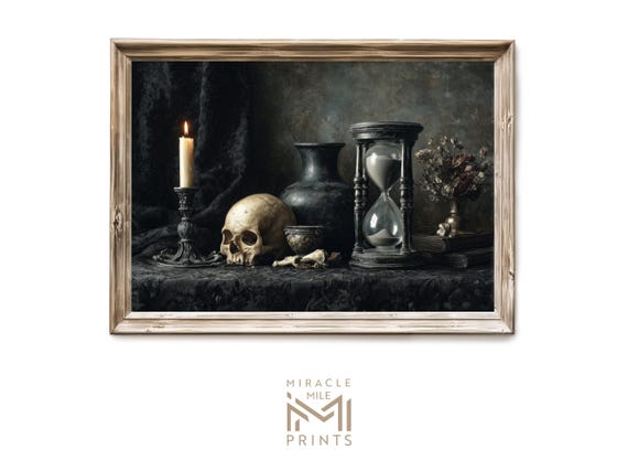 Halloween Gothic Still Life Wall Art Skull With Hourglass Haunted Antique Painting Spooky Vintage Dark Academia Decor 324