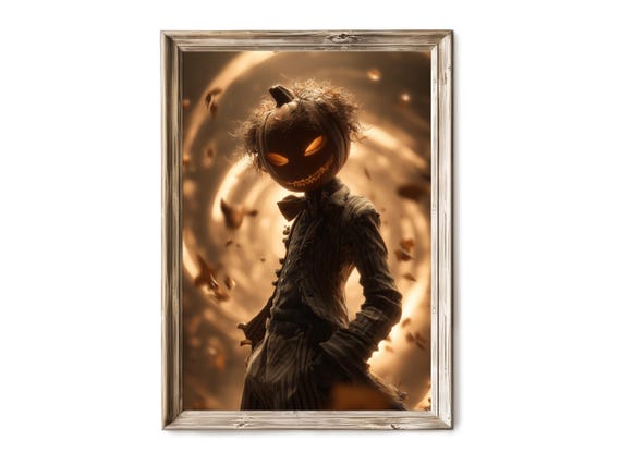 Halloween Wall Art Grinning Pumpkinhead In Windy Field Spooky Ultrarealistic Horror Decor Jackolantern 318