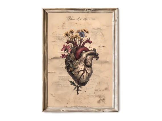 Halloween Wall Art Anatomical Heart With Floral Elements Vintage Gothic Science Illustration Spooky Decor Artwork 260