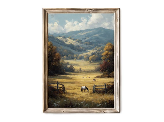 Fall Countryside Pasture Wall Art Rustic Autumn Landscape With Grazing Horses Moody Harvest Decor Artful Print V 438