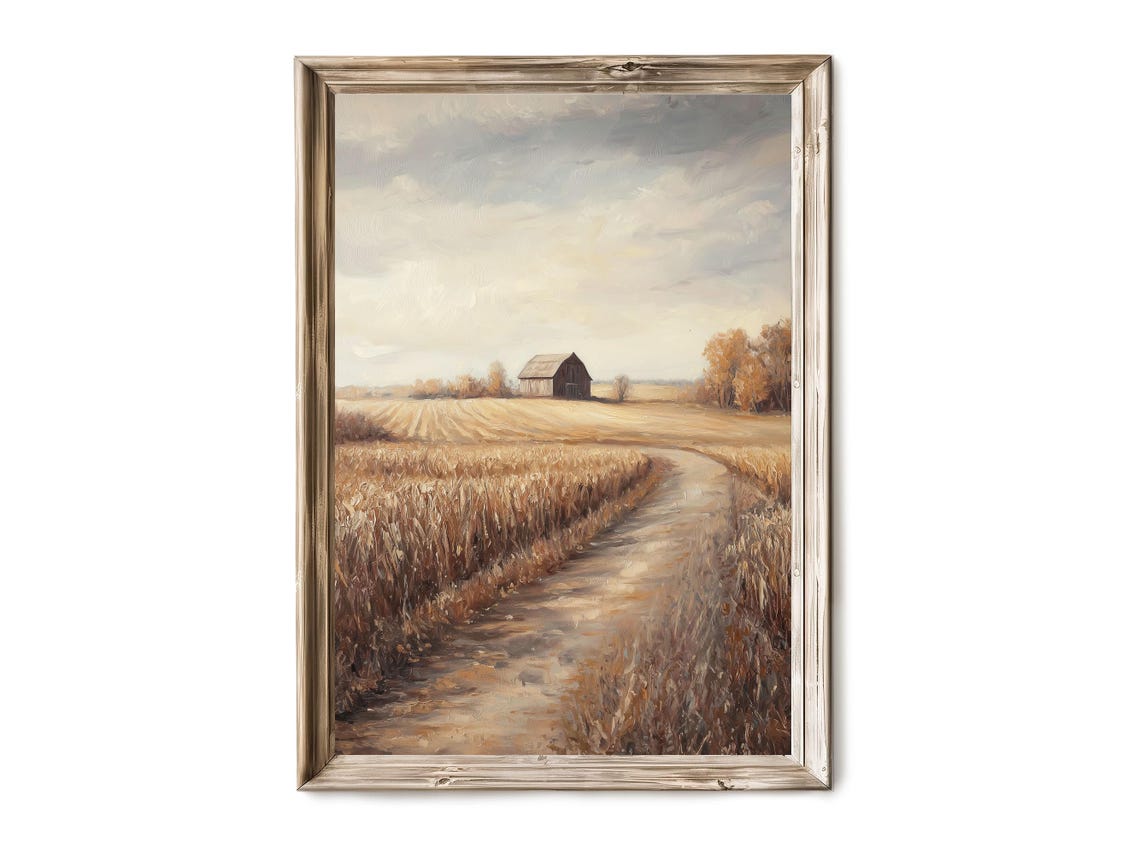 Country Road Through Golden Fields To Old Barn Autumn Painting Poster