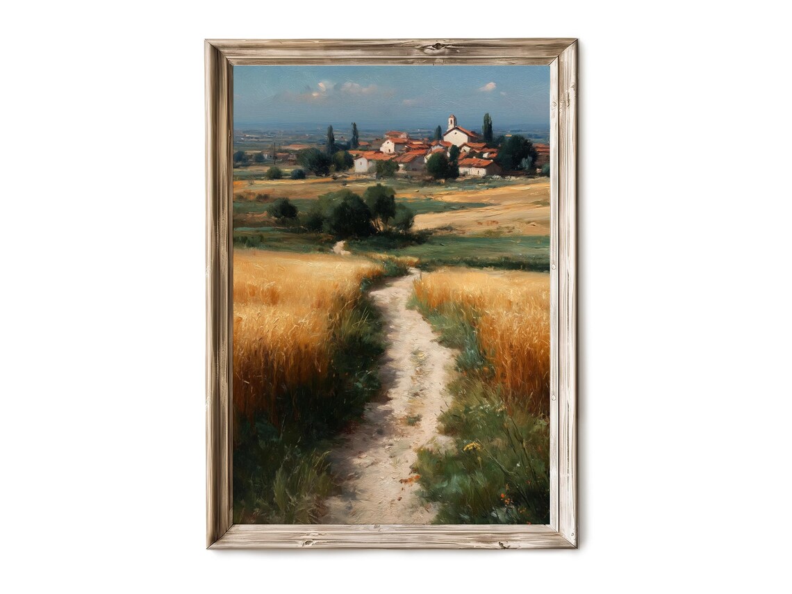 Wheat Field Path Village Oil Painting Countryside Art Poster
