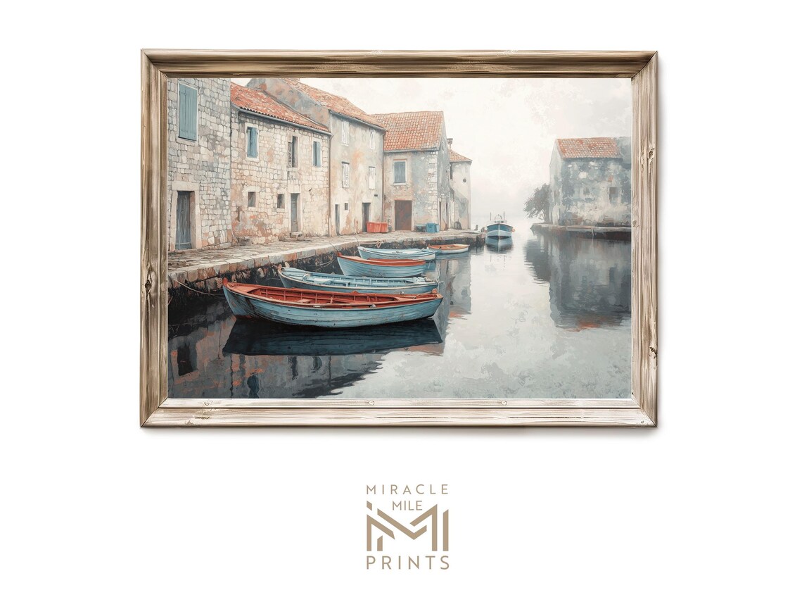 Old Canal With Moored Rowboats Vintage Oil Painting Waterfront Poster