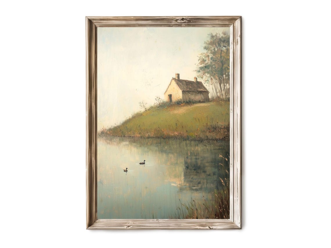 Vintage Lakeside Stone Cottage Oil Painting Ducks Rustic Poster