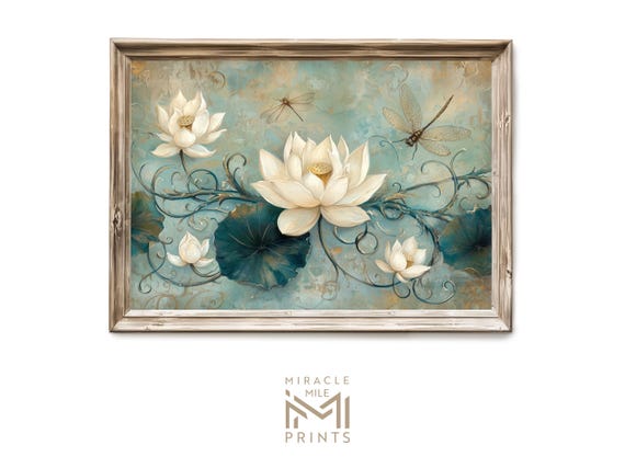 Chinoiserie Wall Art White Floral Print With Dragonflies Botanical Decor Toile De Jouy Style Vintage Poster Gift