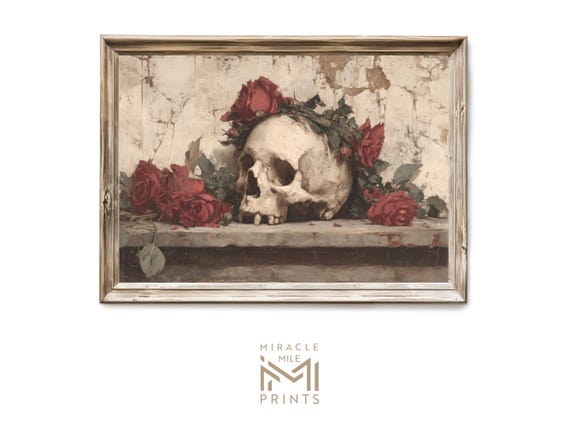 Halloween Skull With Roses Gothic Painting Spooky Dark Academia Decor Creepy Vintage Anatomy Wall Art Haunted Print 349