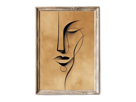 Abstract Woman Face Ochre Wash Black Ink Minimalist Modern Art Poster