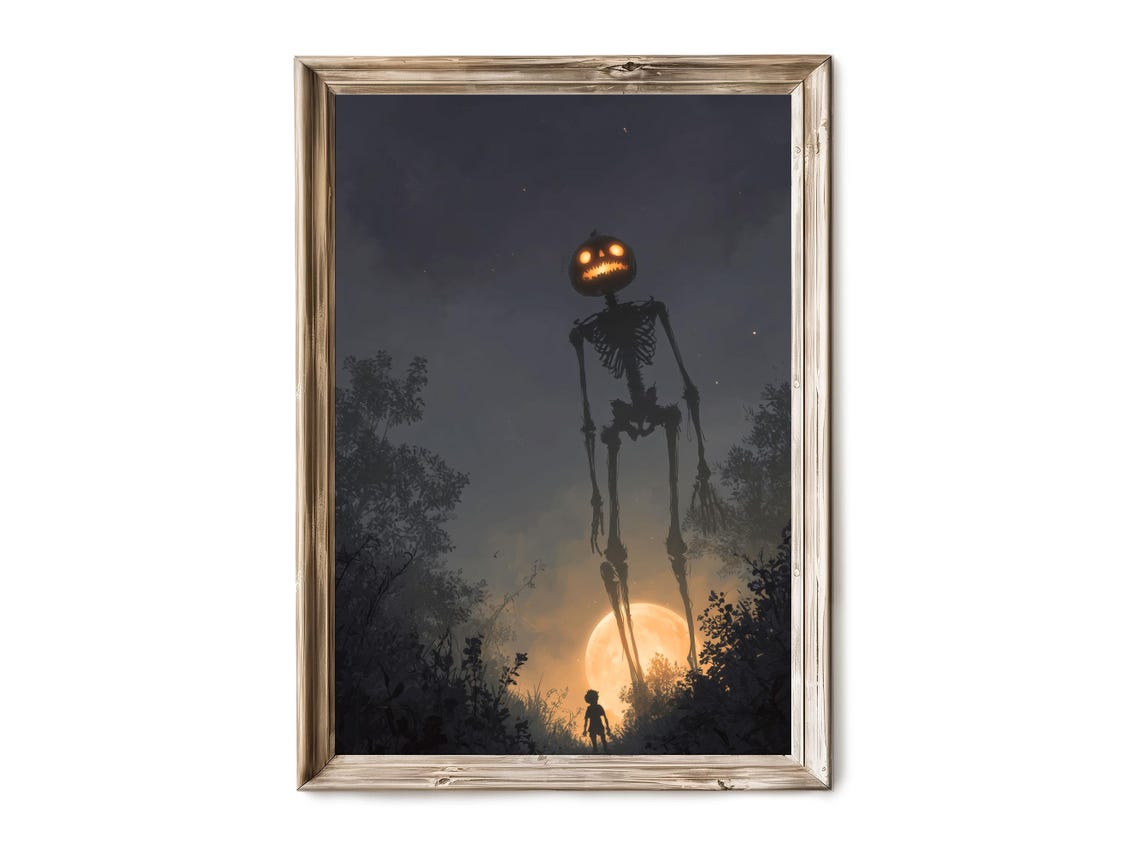 Giant Pumpkin Head Skeleton Glowing Forest Halloween Spooky Poster