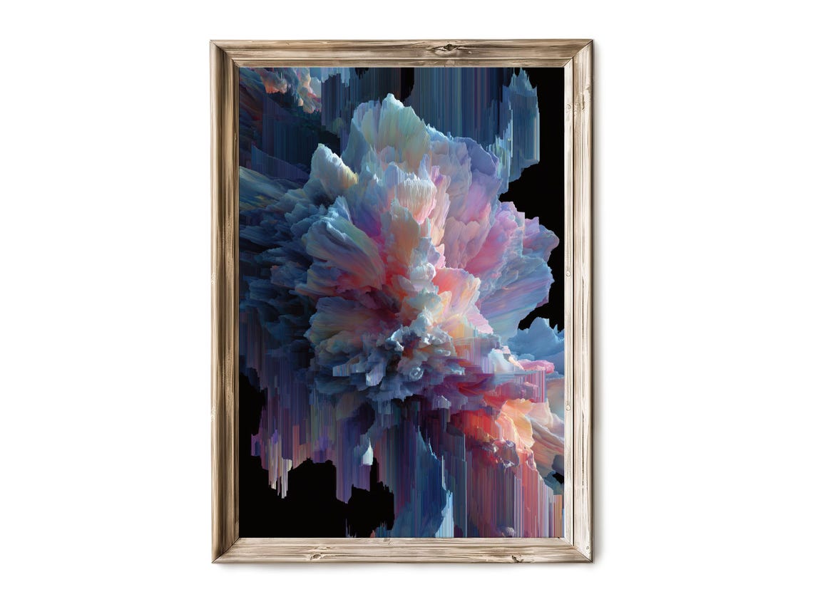 Glitch Bloom 3D Flower Crystal Burst Pink Blue Abstract Wall Art