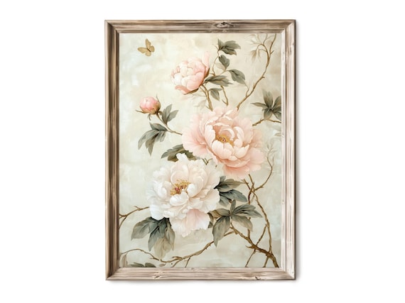 Chinoiserie Pink Peonies Butterfly Botanical Floral Art Poster