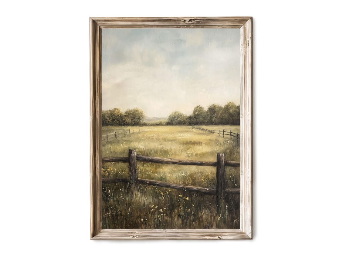 Green Meadow Split Rail Fence Rustic Country Oil Painting Poster