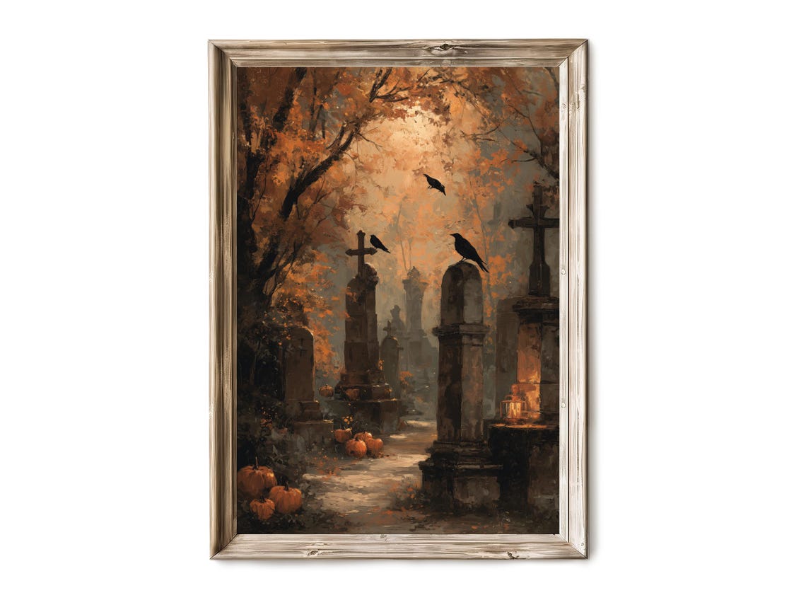 Halloween Wall Art Graveyard At Twilight With Flying Crows Haunted Vintage Cemetery Scene Spooky Gothic 288