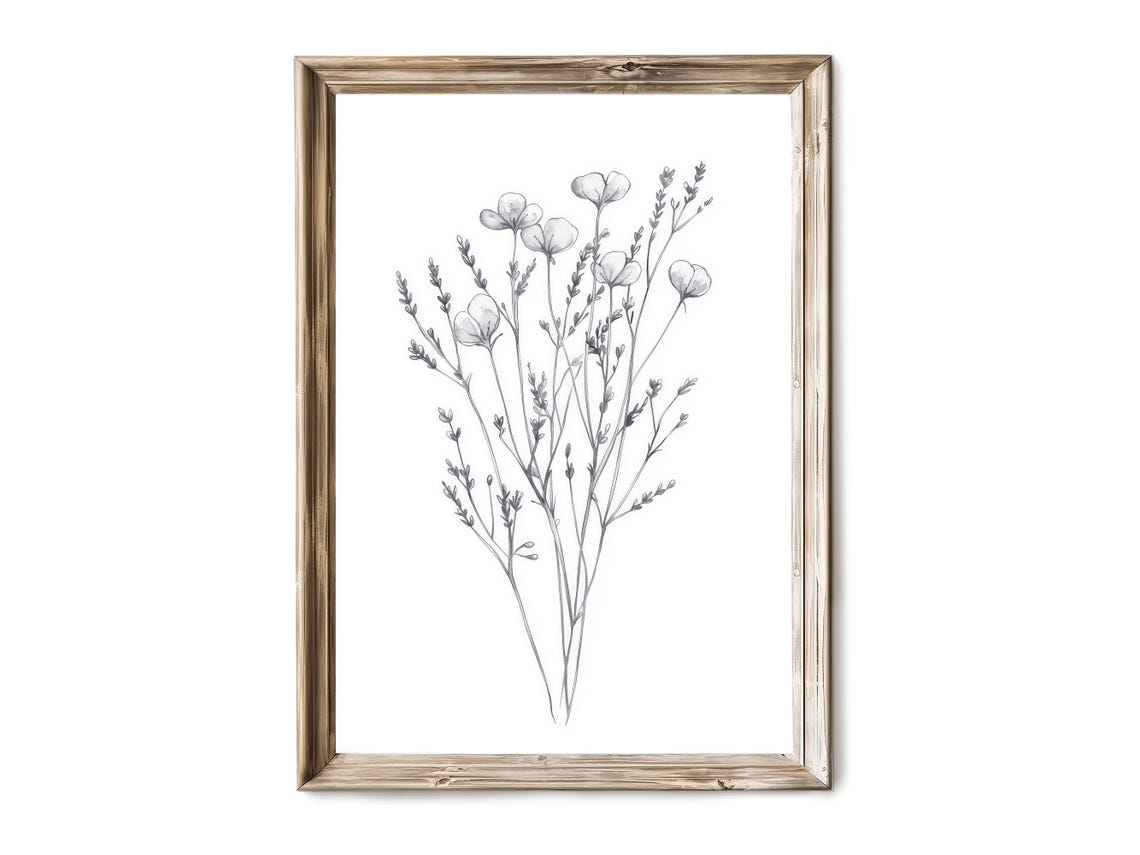 Lavender Botanical Sketch Wall Art Vintage Floral Line Drawing Rustic Purple Flower Decor Print 34