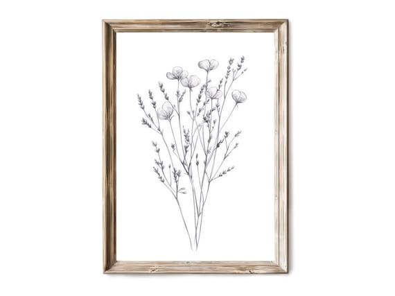 Delicate Lavender Botanical Line Sketch Vintage Floral Print