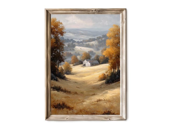 Misty Autumn Valley White Barn Golden Hills Fall Landscape Poster