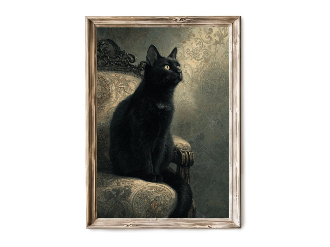 Halloween Wall Art Black Cat Perched Quietly In Shadows Spooky Familiar Portrait Witchy Gothic Decor Artwork 271