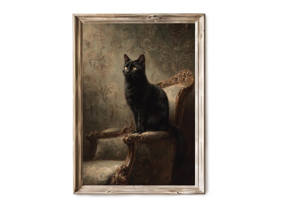 Halloween Wall Art Black Cat Posing In Dim Light Vintage Gothic Familiar Scene Spooky Witchy Decor Print 270
