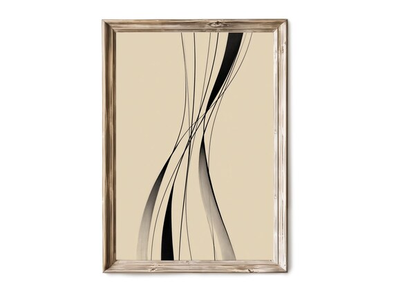 Thin Black Line Threads Beige Neutral Modern Minimal Wall Art