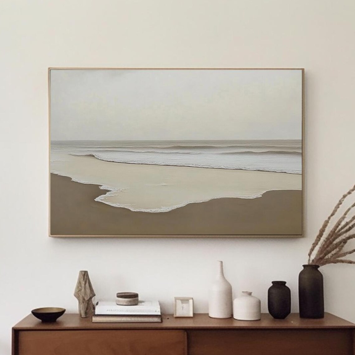 Gray Minimalist Shoreline With Soft Waves on Pale Beige Sand Poster