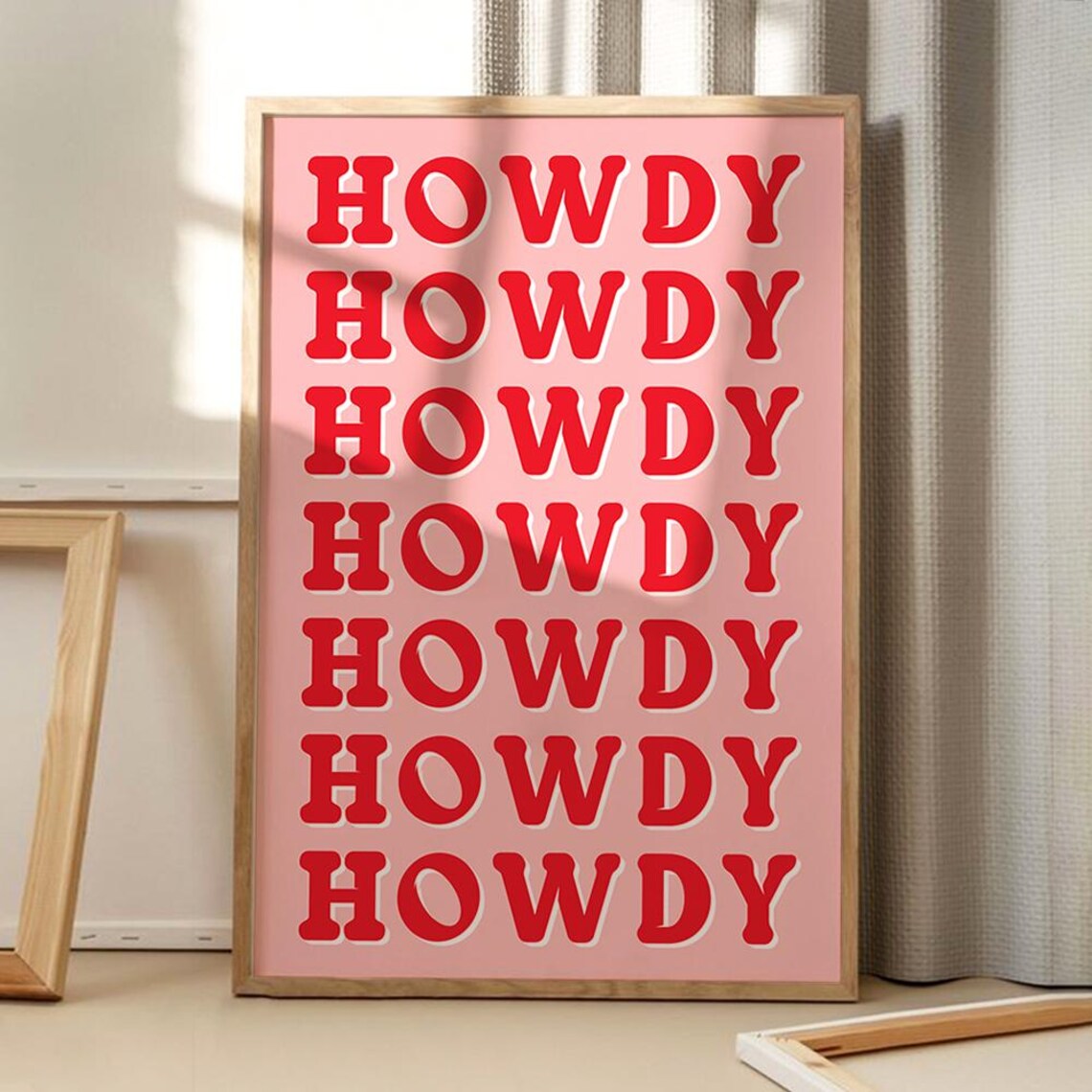 Howdy Retro Typography Poster, Pink Red Framed Trendy Western Greeting Decor Art