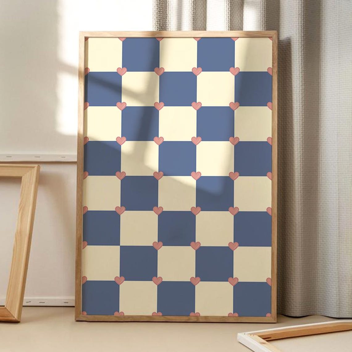Blue Cream Checkerboard With Pink Hearts Retro Pattern Art Poster