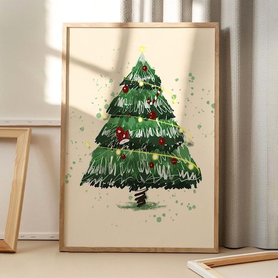 Watercolor Christmas Tree Lights Ornaments Holiday Decor Wall Art