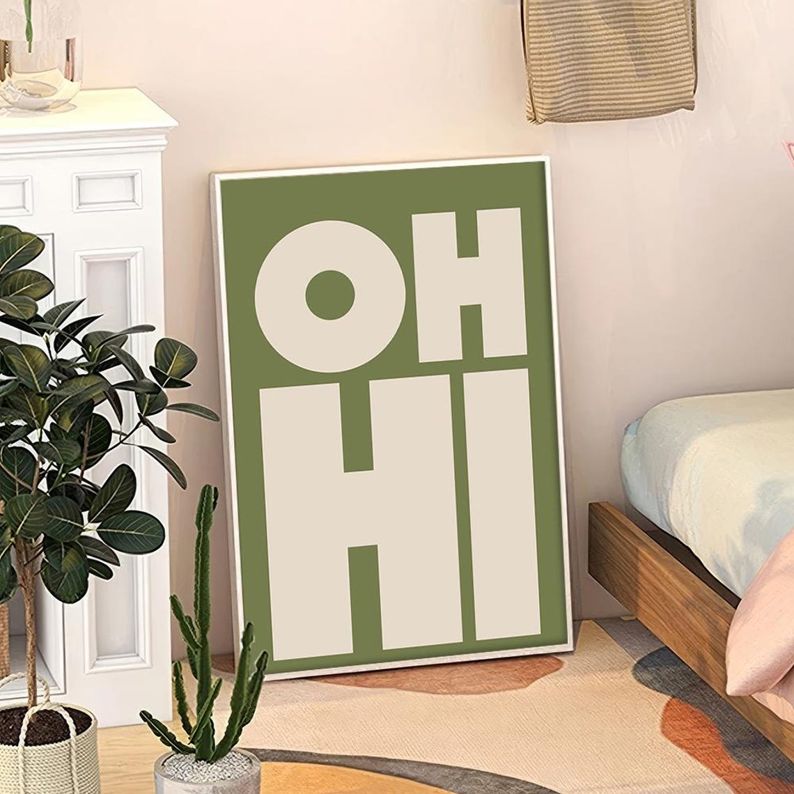 Oh Hi Big White Letters Green Minimalist Typography Art Poster