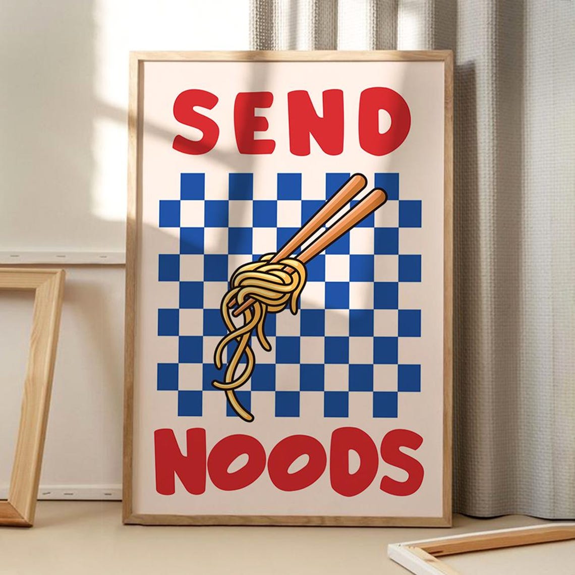 Send Noods Retro Chopsticks Blue Checkered Fun Kitchen Poster