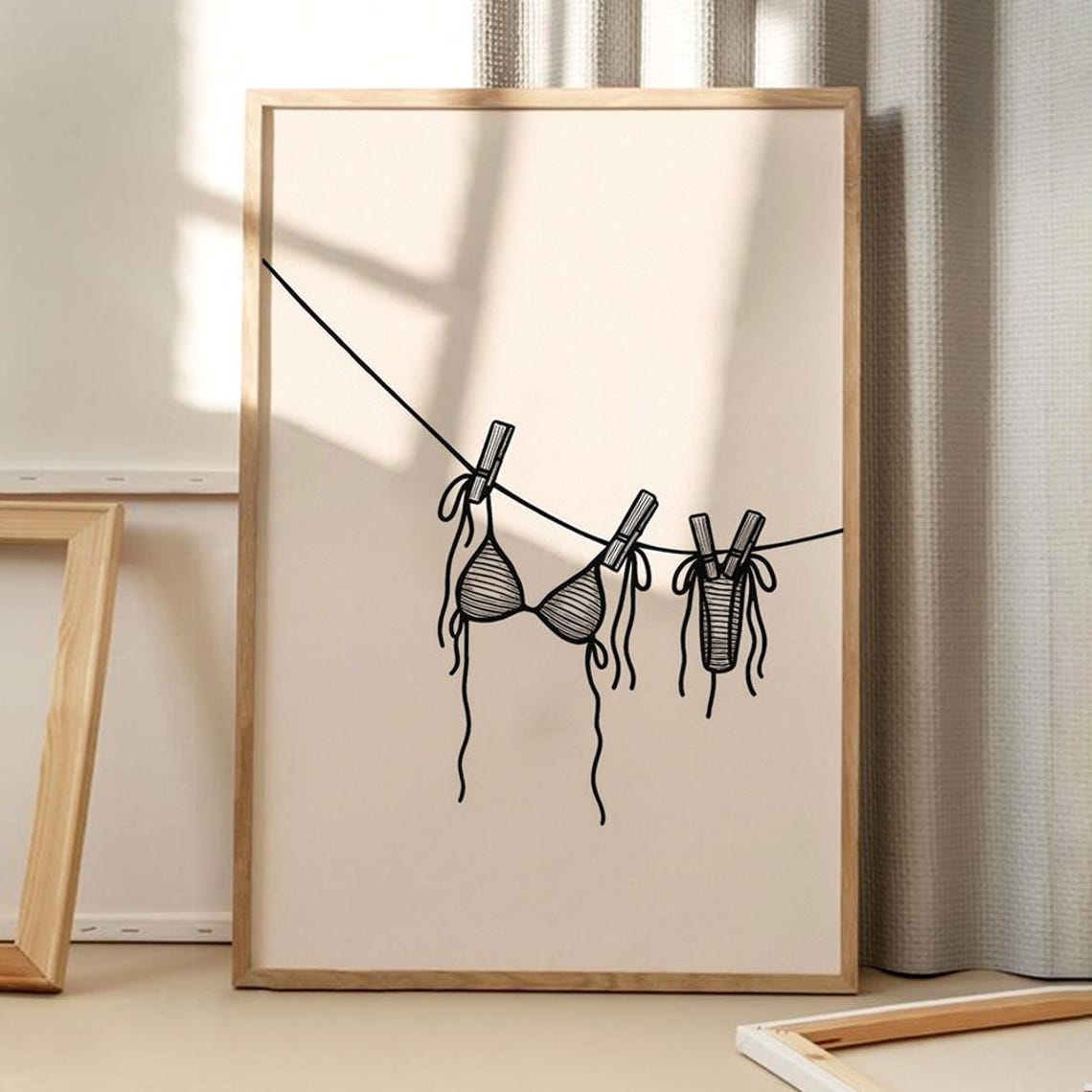 Black Line Bikini on Clothesline Minimalist Summer Beach Poster