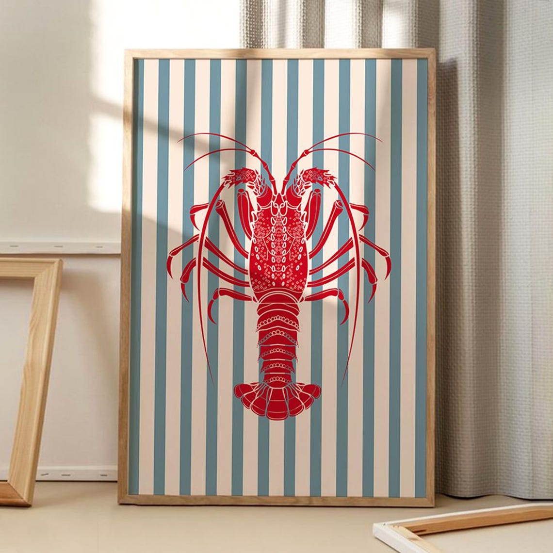 Red Lobster Bold Striped Coastal Kitchen Nautical Seafood Art Poster