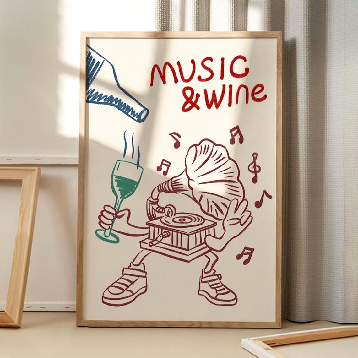 Music and Wine Retro Cartoon Gramophone Fun Kitchen Wall Poster