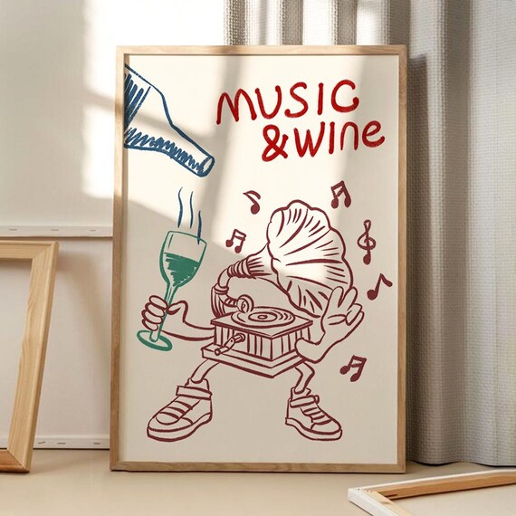 Music and Wine Retro Cartoon Gramophone Fun Kitchen Wall Poster