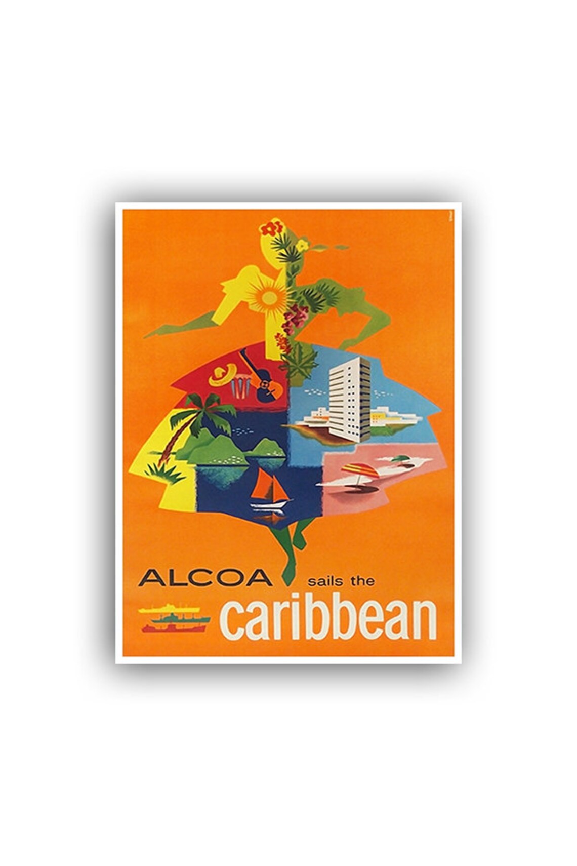 Alcoa Sails The Caribbean Vintage Orange Dancer Map Travel Poster