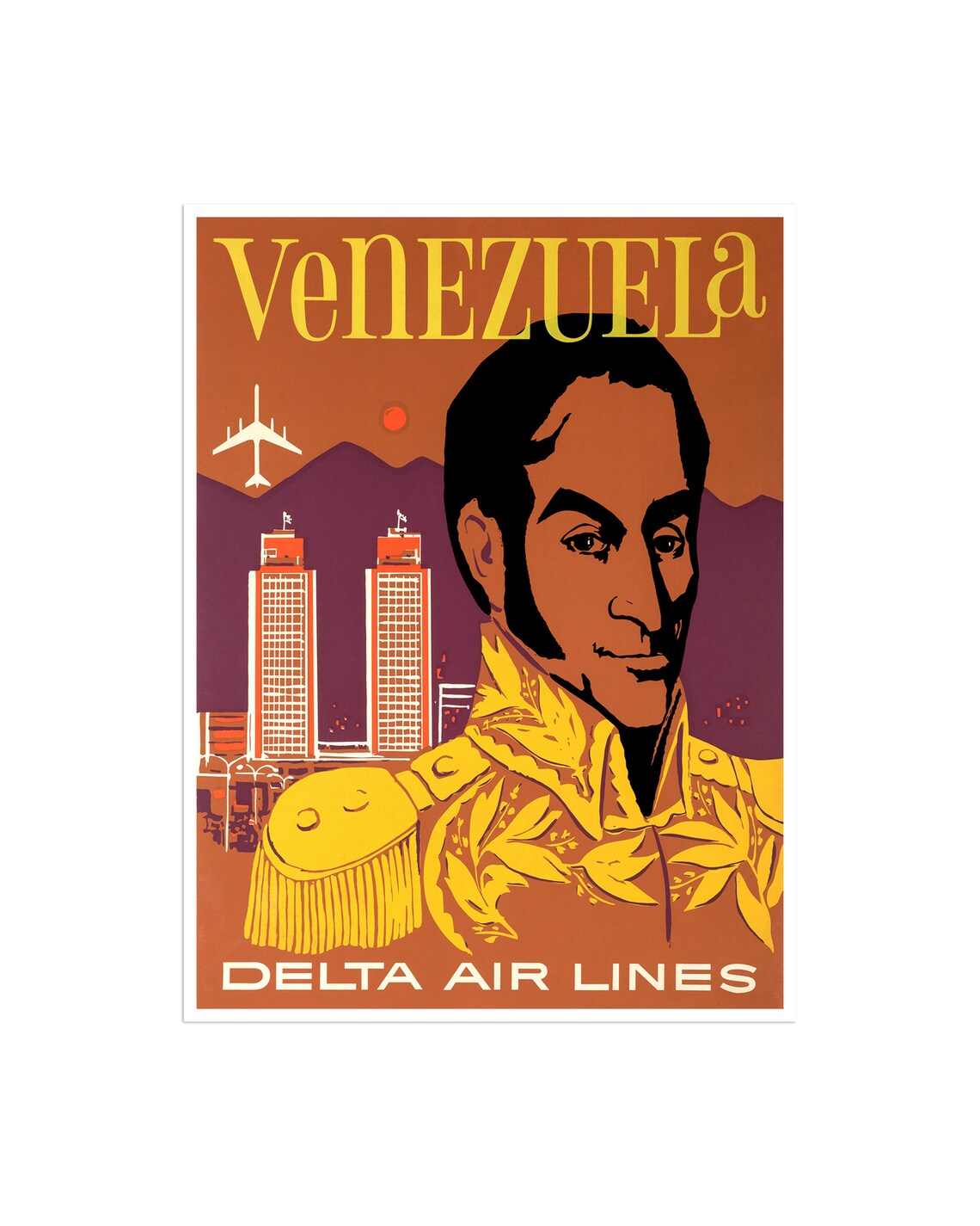 Venezuela Delta Air Lines Simon Bolivar Portrait Vintage Travel Poster