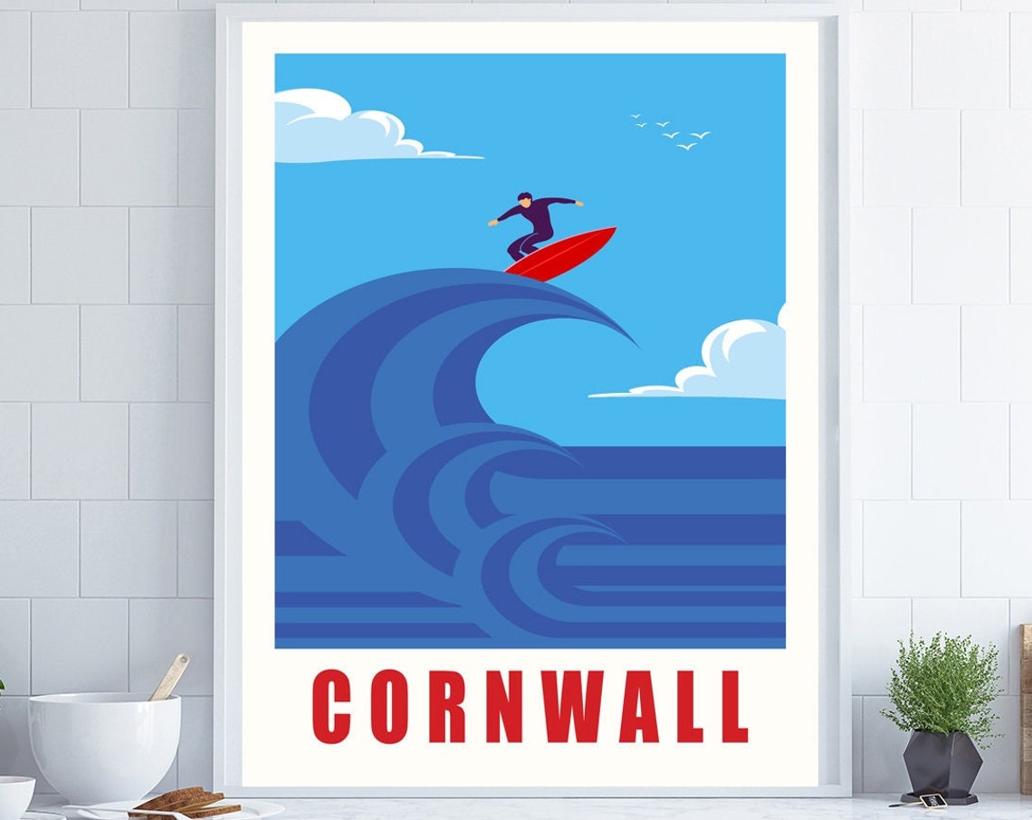 Cornwall Surfer Wave Red Surfboard Retro Coastal Travel Poster