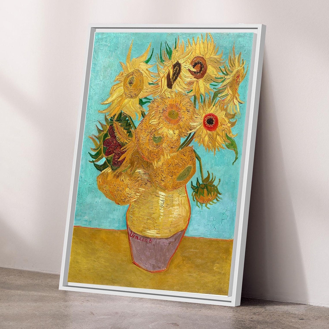 Van Gogh Sunflowers Turquoise Background Yellow Vase Classic Print - Image 3