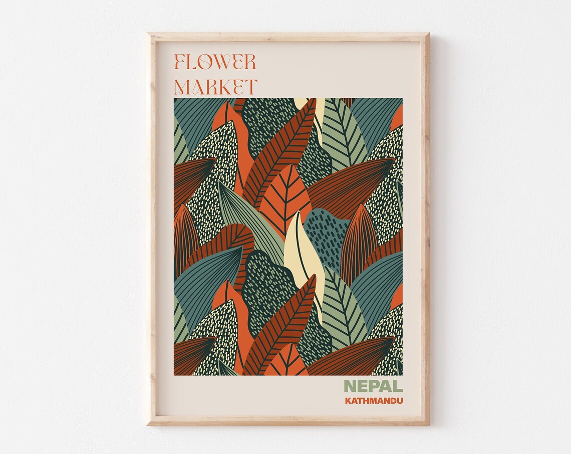Nepal Flower Market Poster Kathmandu Rust Tropical Leaf Artwork