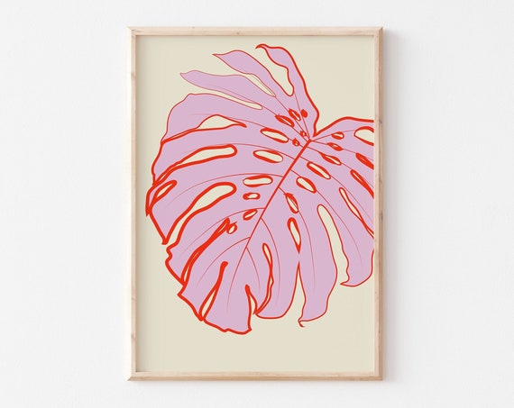 Tropical Monstera Art Print Red Yellow Poster Living Room Kitchen A5 A4 A3 A2 Dining Room Tropical Art Gallery Wall Gift Fun Art