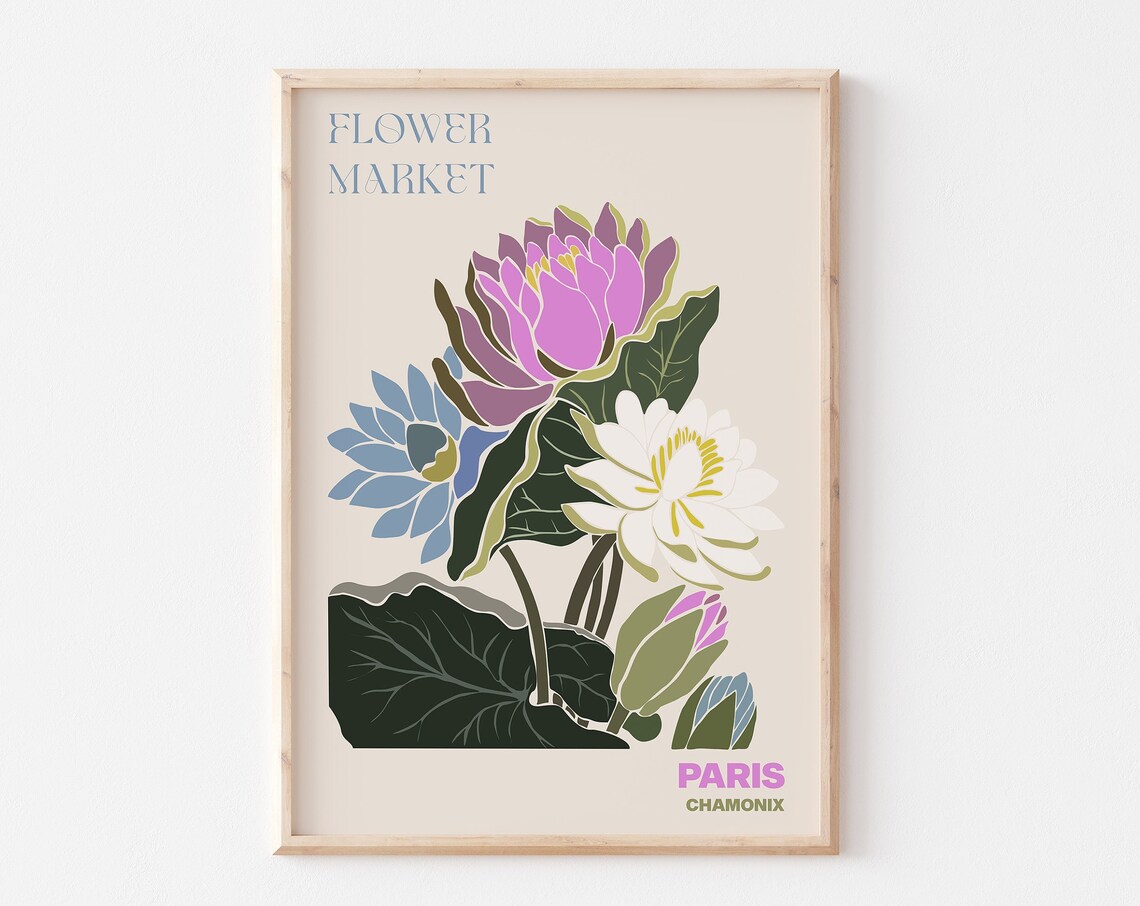 Paris Flower Market Poster Chamonix Pink Lotus Flower Artwork