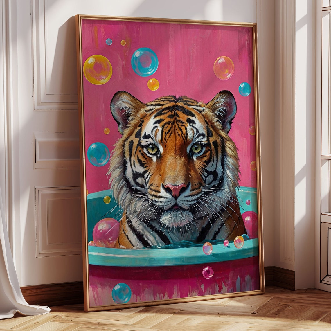 Colorful Tiger Wall Art Vibrant Bubble Art Hyper Realistic Tiger In Bathtub Bold Animal Print Unique Home Decor