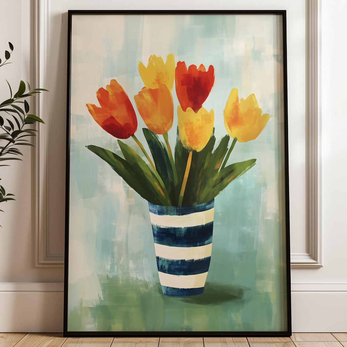 Orange And Yellow Tulips In A Striped Vase Watercolor Art Poster - Image 2