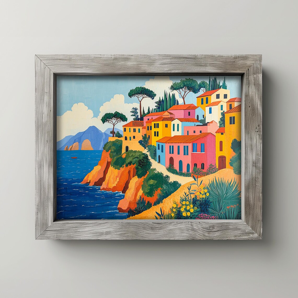 Colorful Cliffside Village Above Blue Sea Italian Coast Art Print