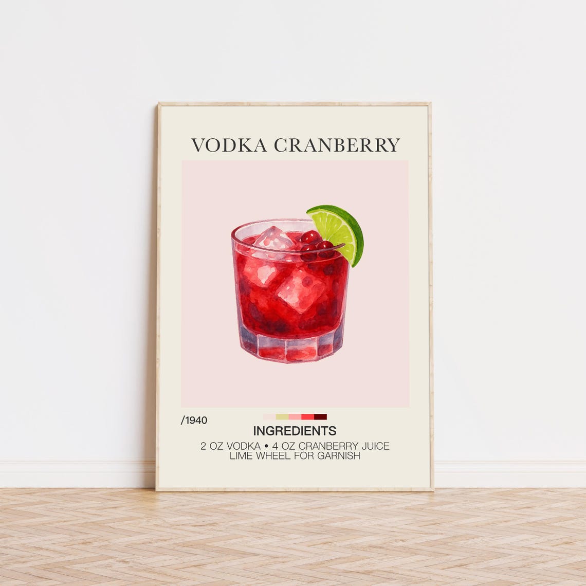 Vodka Cranberry Recipe Watercolor Red Holiday Bar Cart Poster