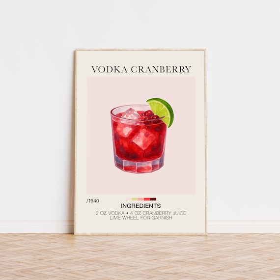 Vodka Cranberry Recipe Watercolor Red Holiday Bar Cart Poster