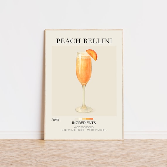 Peach Bellini Recipe Watercolor Prosecco Brunch Bar Cart Poster