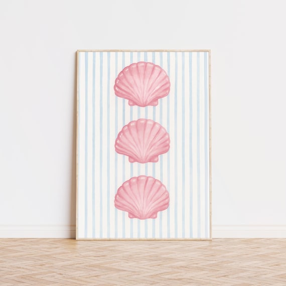 Pink Sea Shells Striped Print, Coastal Wall Art Print