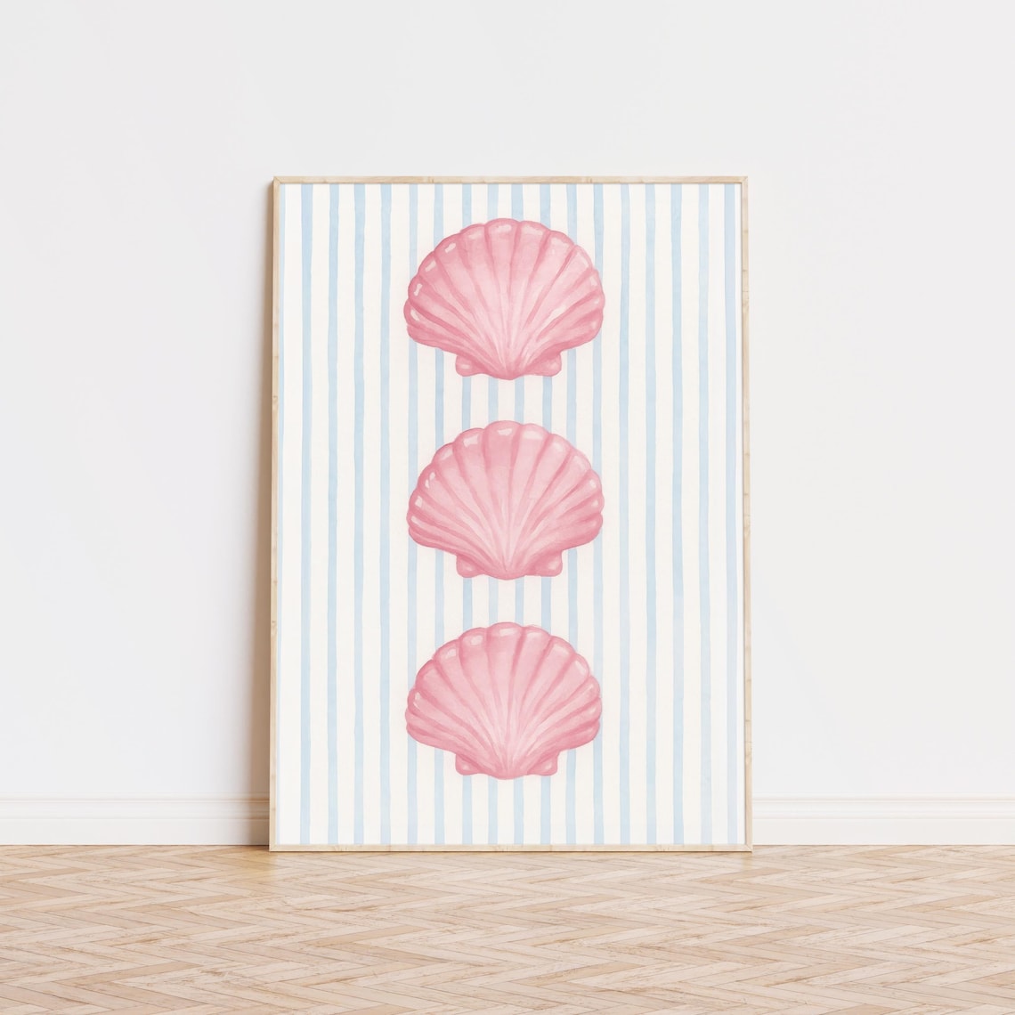 Pink Sea Shells Striped Print, Coastal Wall Art Print